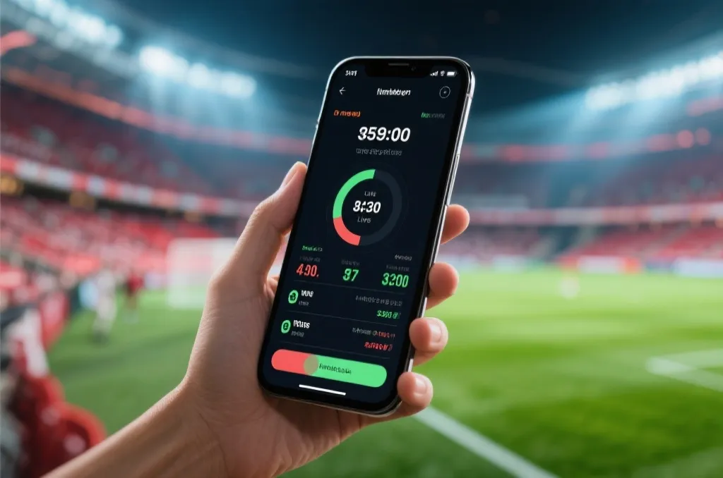 A smartphone showing real-time sports statistics overlay on a football match background