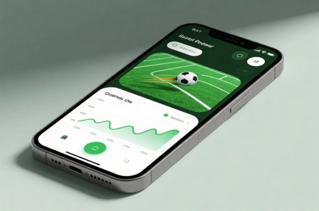 A sleek smartphone displaying a stylized sports application UI with vivid green field elements and clean data charts, representing fast performance.