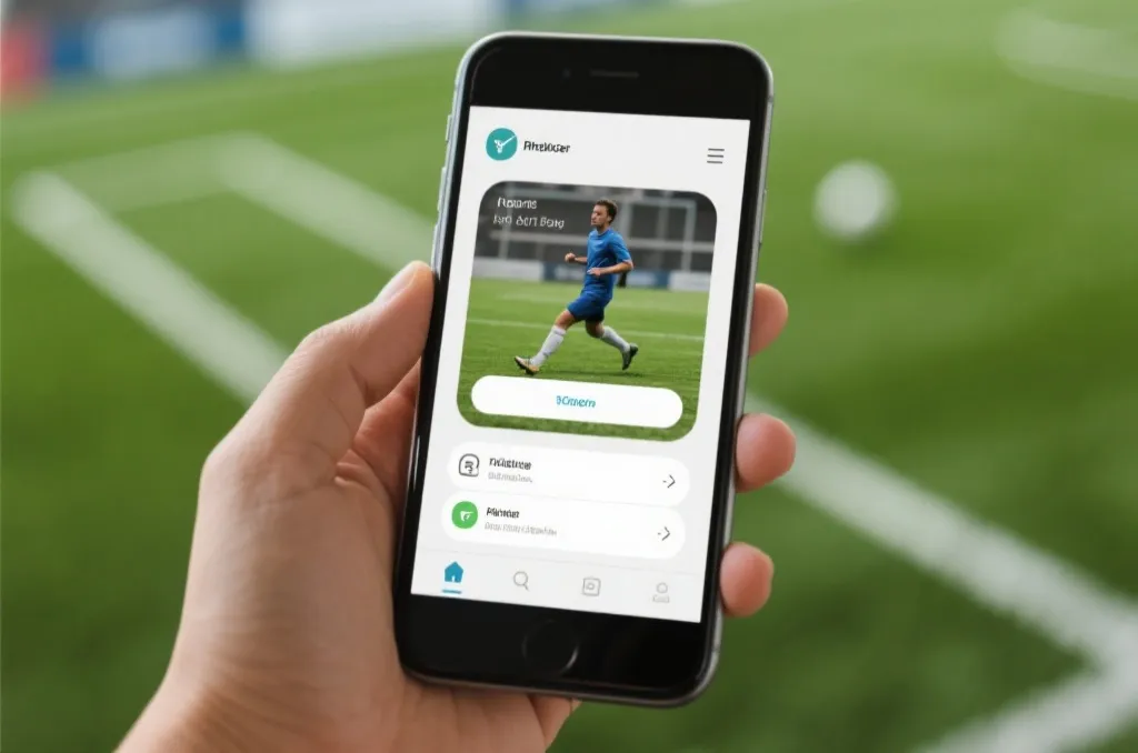 Close-up of a modern smartphone interface showcasing real-time football match statistics and live options over a blurred pitch background